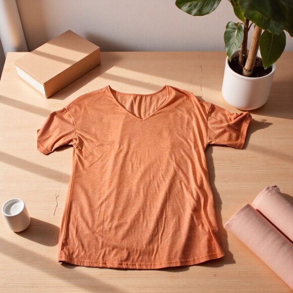 Creamsicle V-Neck Stretch Tee – Lightweight Knit Short Sleeve Top, Size Large - Picture 1 of 8